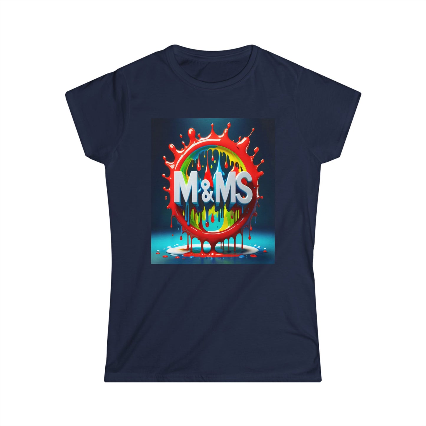 Colorful M and Ms Text Design Women's Softstyle Tee Shirt, Candy Theme Apparel, Fun Graphic Tshirt, Vibrant T-Shirt for Her,