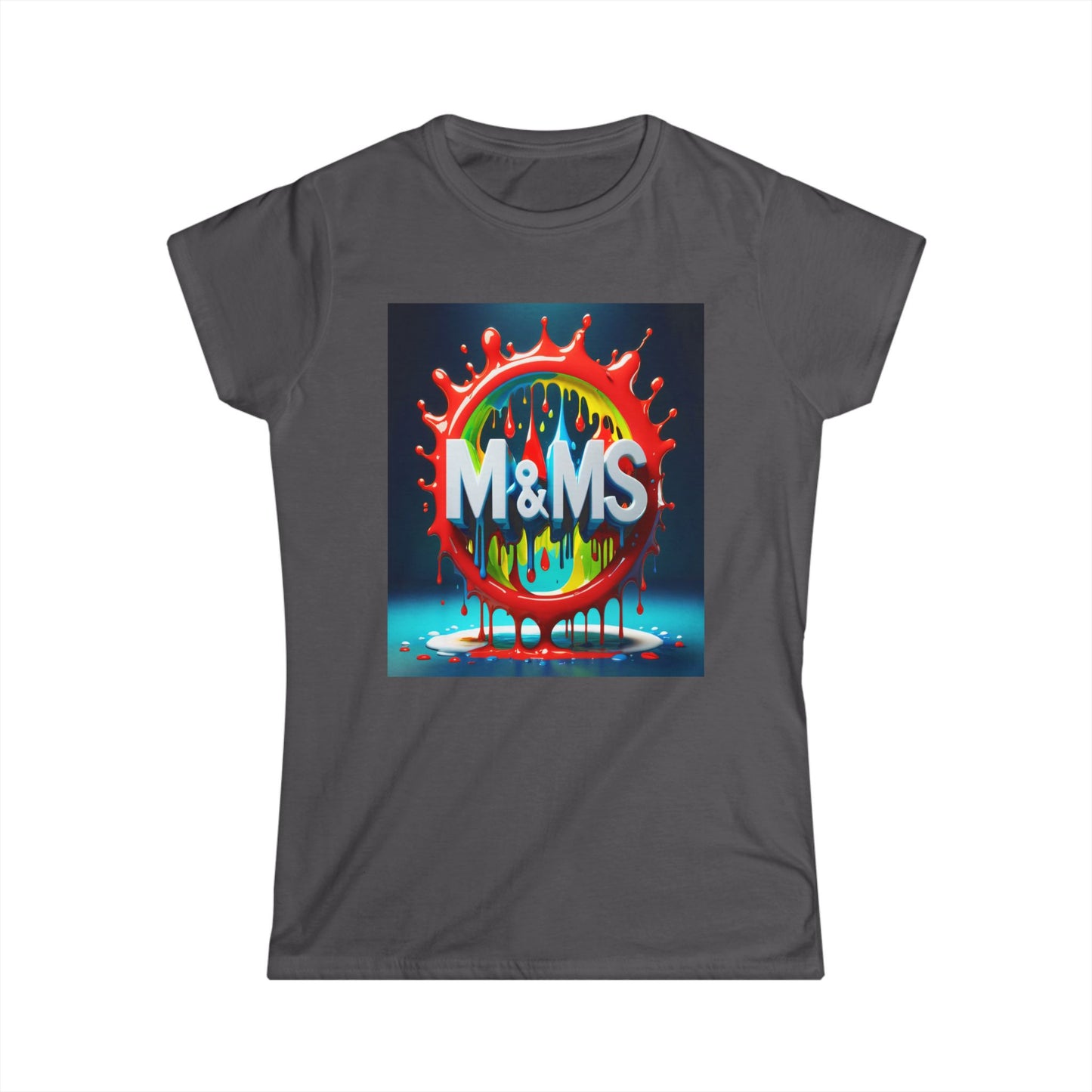 Colorful M and Ms Text Design Women's Softstyle Tee Shirt, Candy Theme Apparel, Fun Graphic Tshirt, Vibrant T-Shirt for Her,