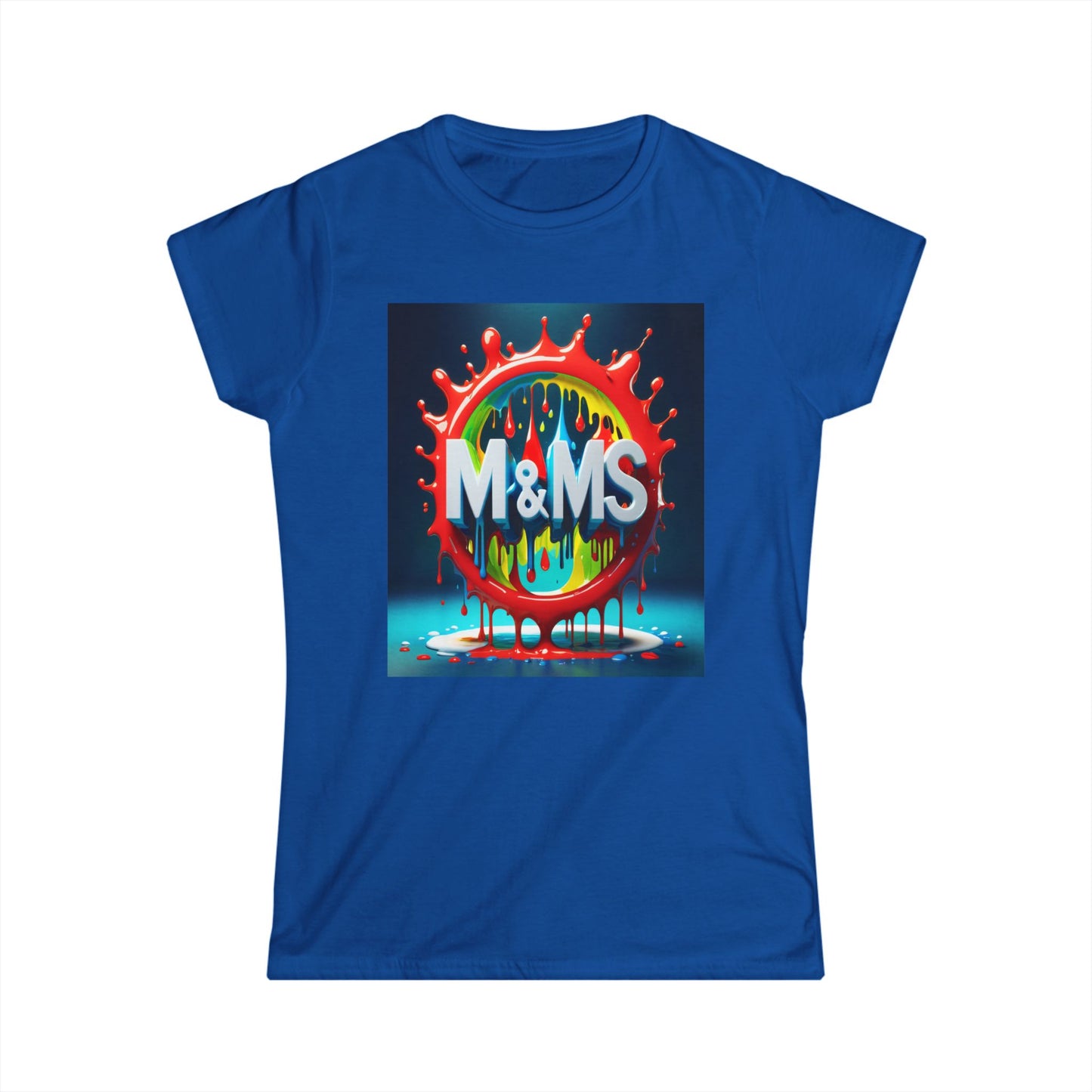 Colorful M and Ms Text Design Women's Softstyle Tee Shirt, Candy Theme Apparel, Fun Graphic Tshirt, Vibrant T-Shirt for Her,