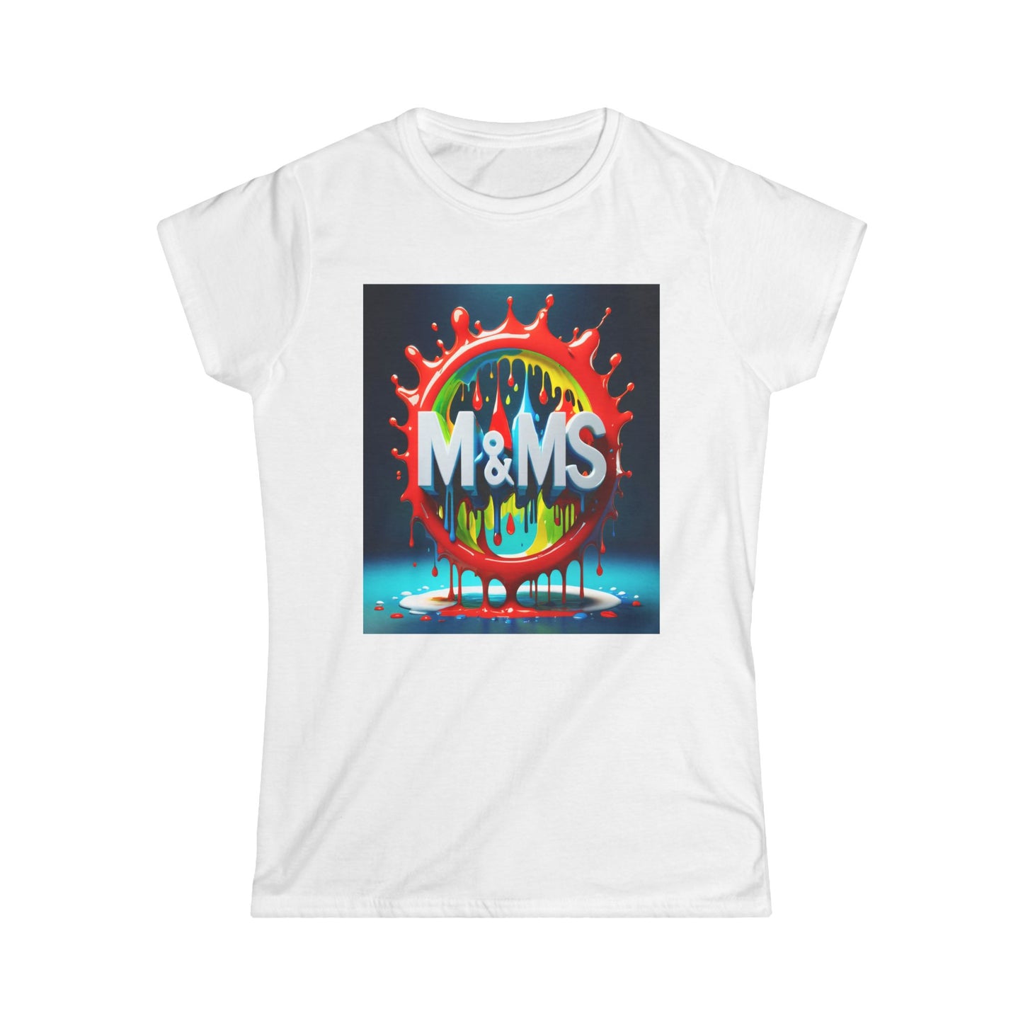 Colorful M and Ms Text Design Women's Softstyle Tee Shirt, Candy Theme Apparel, Fun Graphic Tshirt, Vibrant T-Shirt for Her,