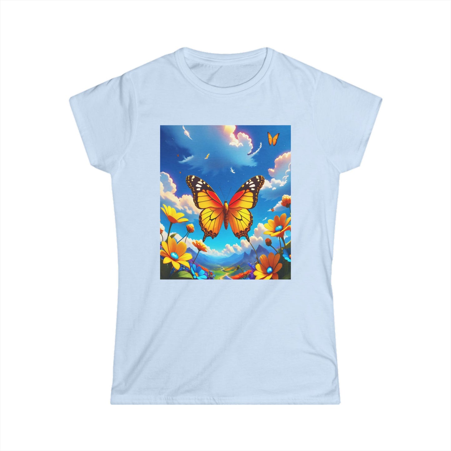 Butterfly Women's Tee, Sunset Yellow Shirt, Softstyle T-shirt, Nature Lover Gift, Boho Style Top, Butterfly Graphic Tee