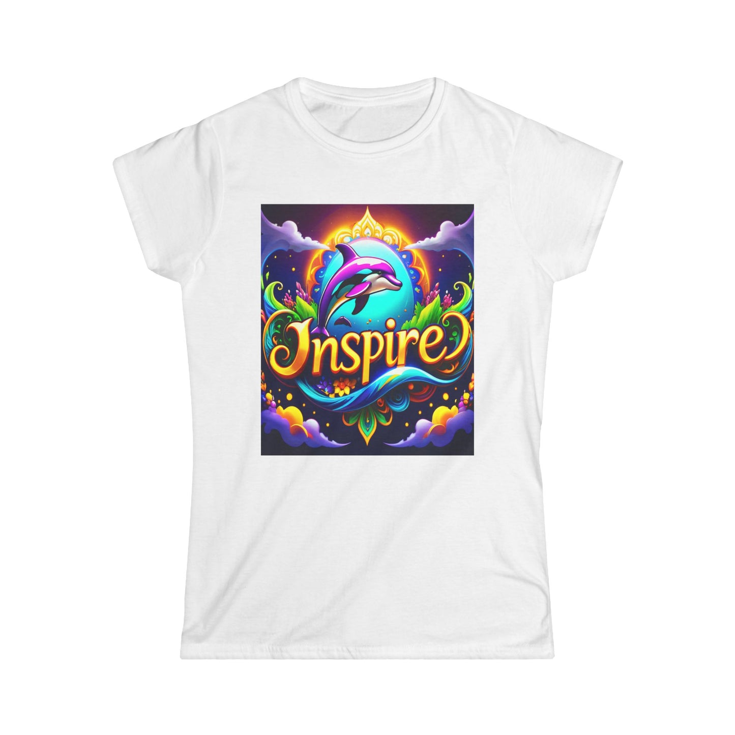 Dive into the tranquil depths of the ocean with our captivating "Inspire Dolphin Sea" Tee Women's Softstyle Tee