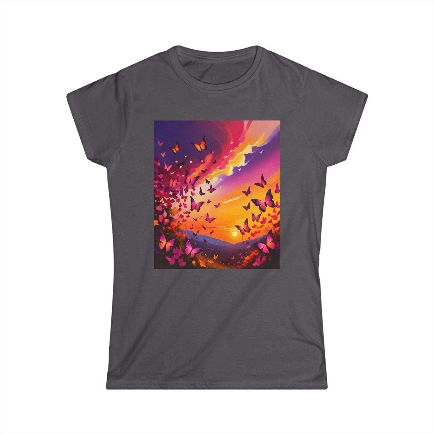 Butterfly Sunrise Women's Tee, Nature Lover Shirt, Softstyle Tshirt, Beautiful Butterflies Top, Sun Ray Graphic Tee,