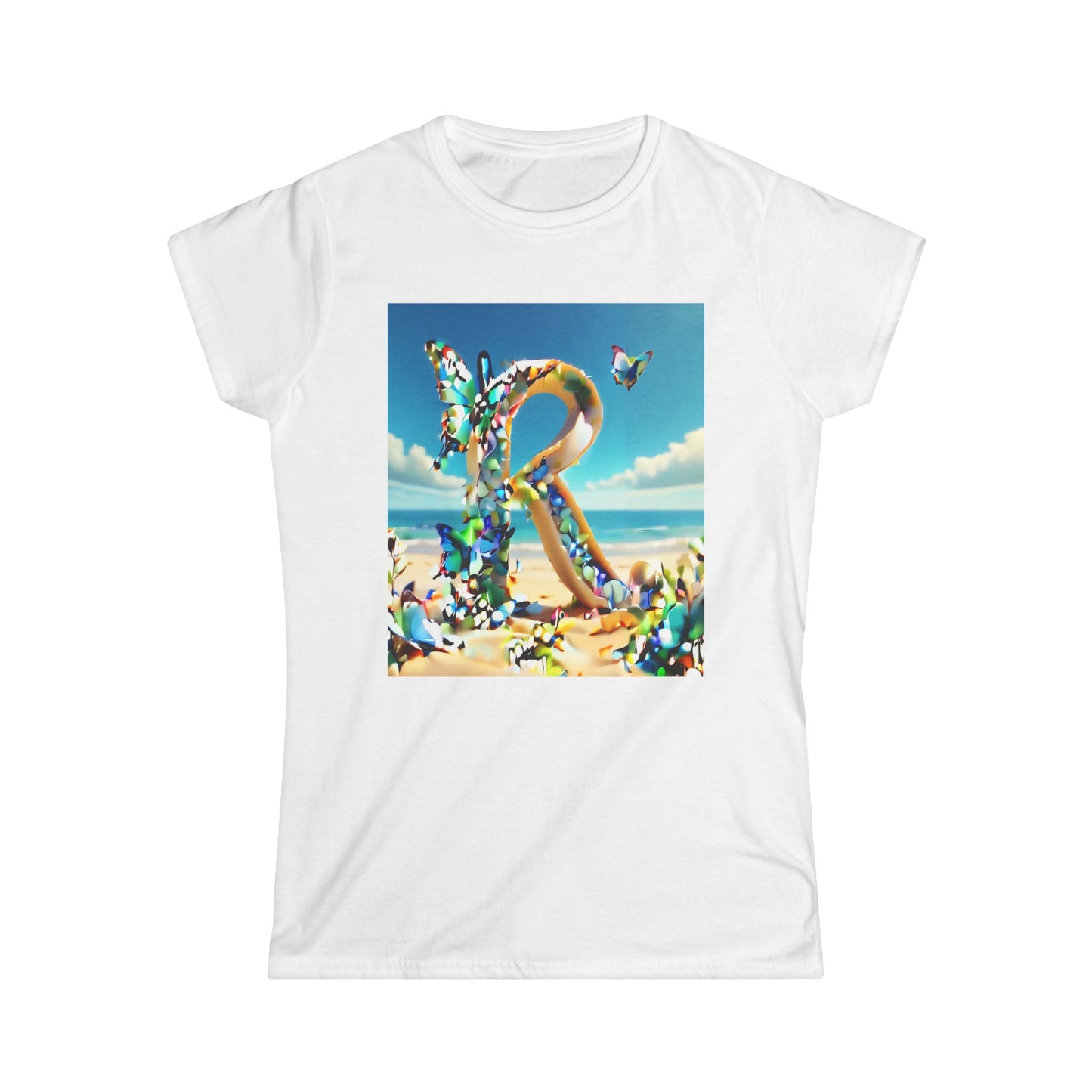 Women's Tee with Letter R on the Beach Blue with Butterflies Design
