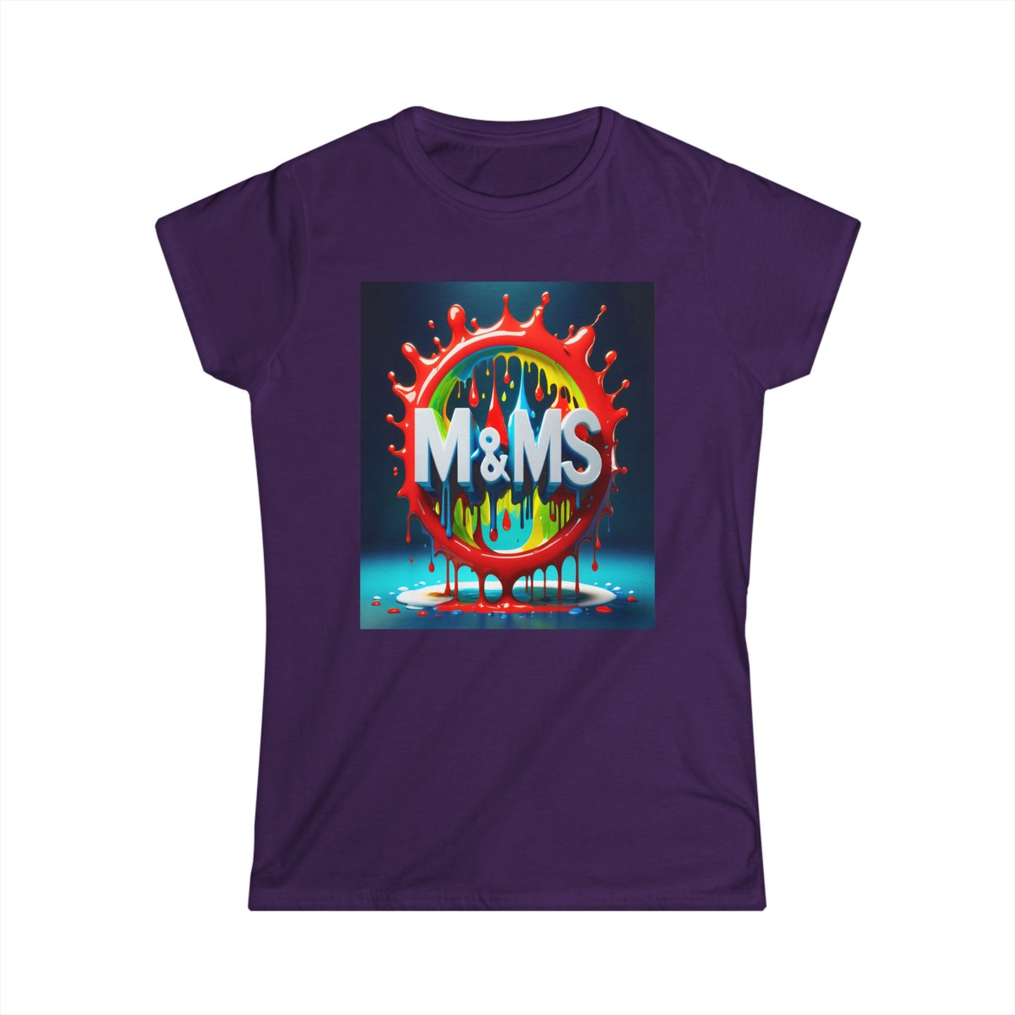 Colorful M and Ms Text Design Women's Softstyle Tee Shirt, Candy Theme Apparel, Fun Graphic Tshirt, Vibrant T-Shirt for Her,