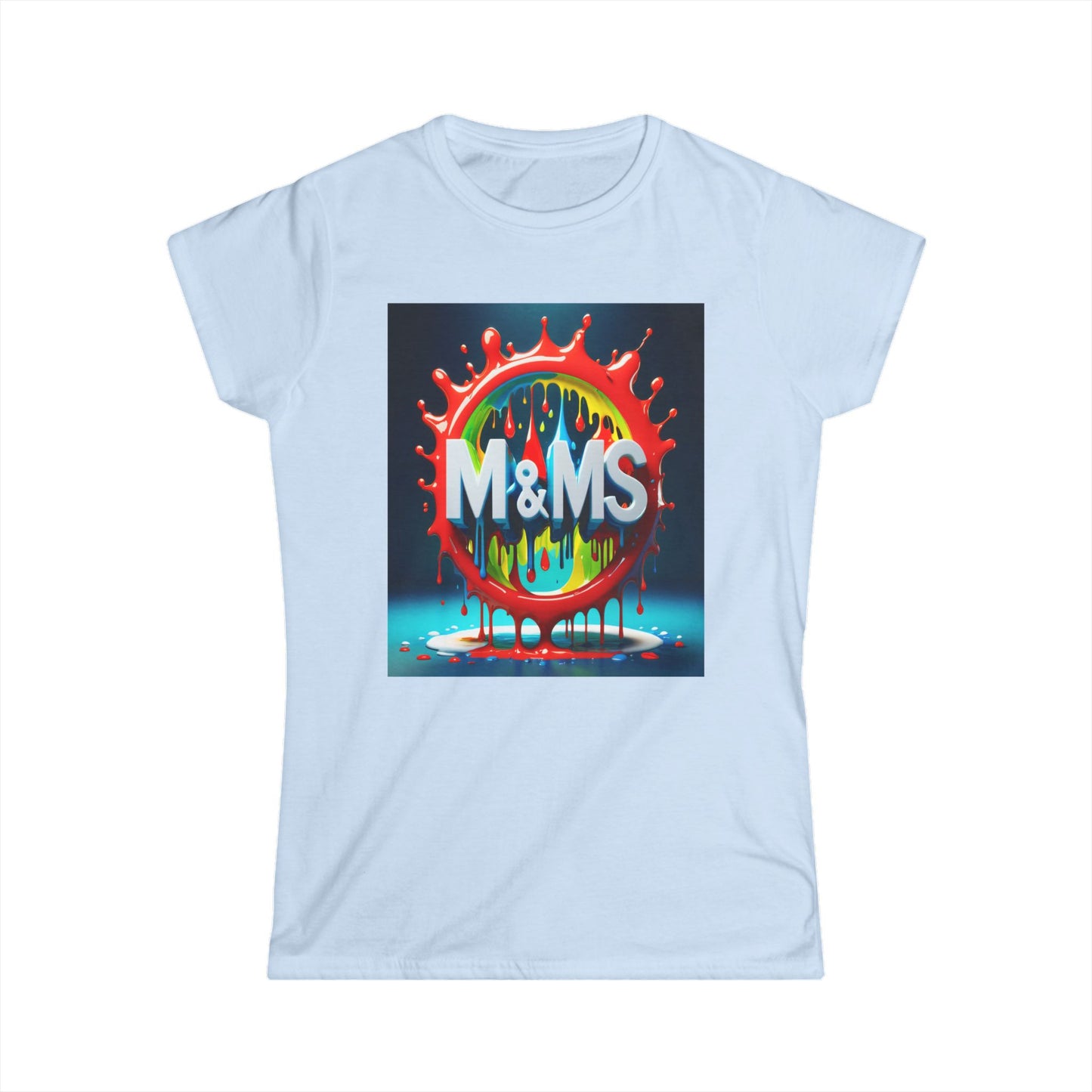 Colorful M and Ms Text Design Women's Softstyle Tee Shirt, Candy Theme Apparel, Fun Graphic Tshirt, Vibrant T-Shirt for Her,