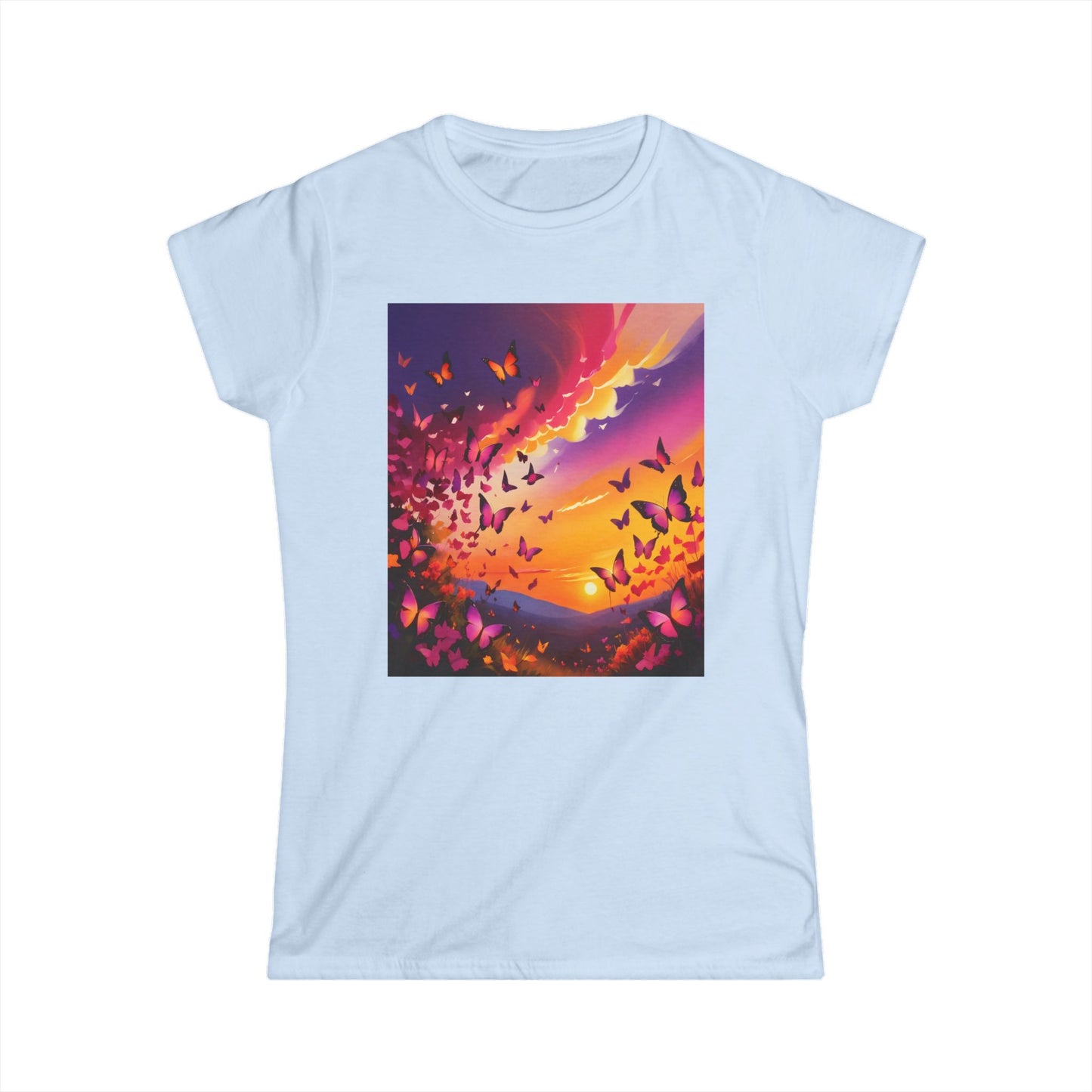 Butterfly Sunrise Women's Tee, Nature Lover Shirt, Softstyle Tshirt, Beautiful Butterflies Top, Sun Ray Graphic Tee,