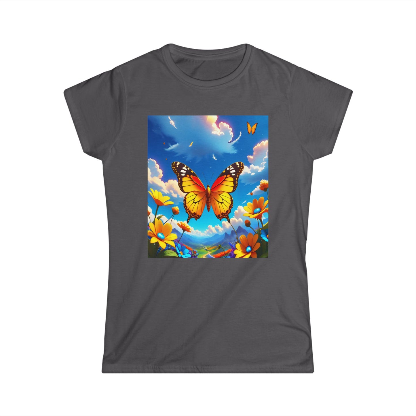 Butterfly Women's Tee, Sunset Yellow Shirt, Softstyle T-shirt, Nature Lover Gift, Boho Style Top, Butterfly Graphic Tee