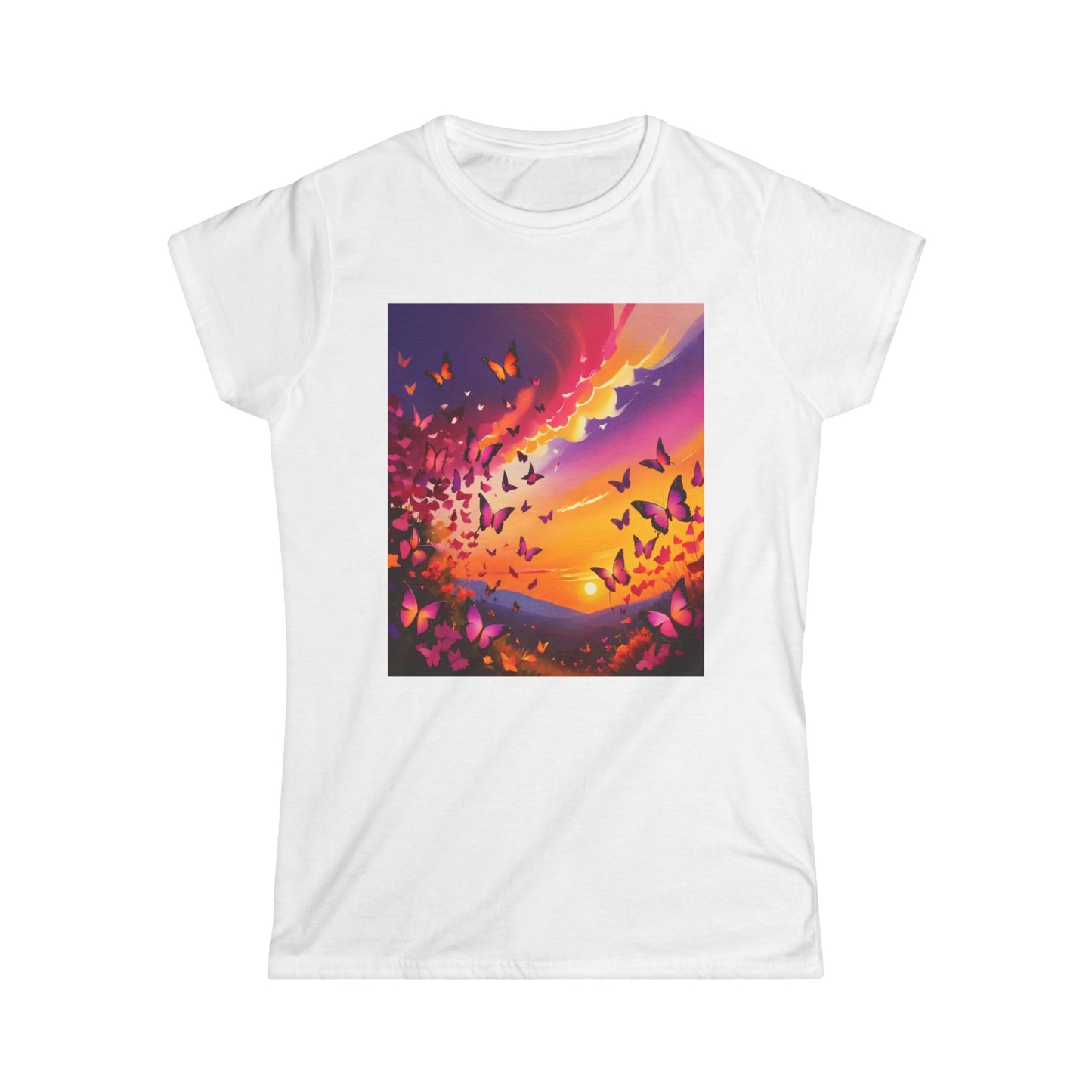 Butterfly Sunrise Women's Tee, Nature Lover Shirt, Softstyle Tshirt, Beautiful Butterflies Top, Sun Ray Graphic Tee,