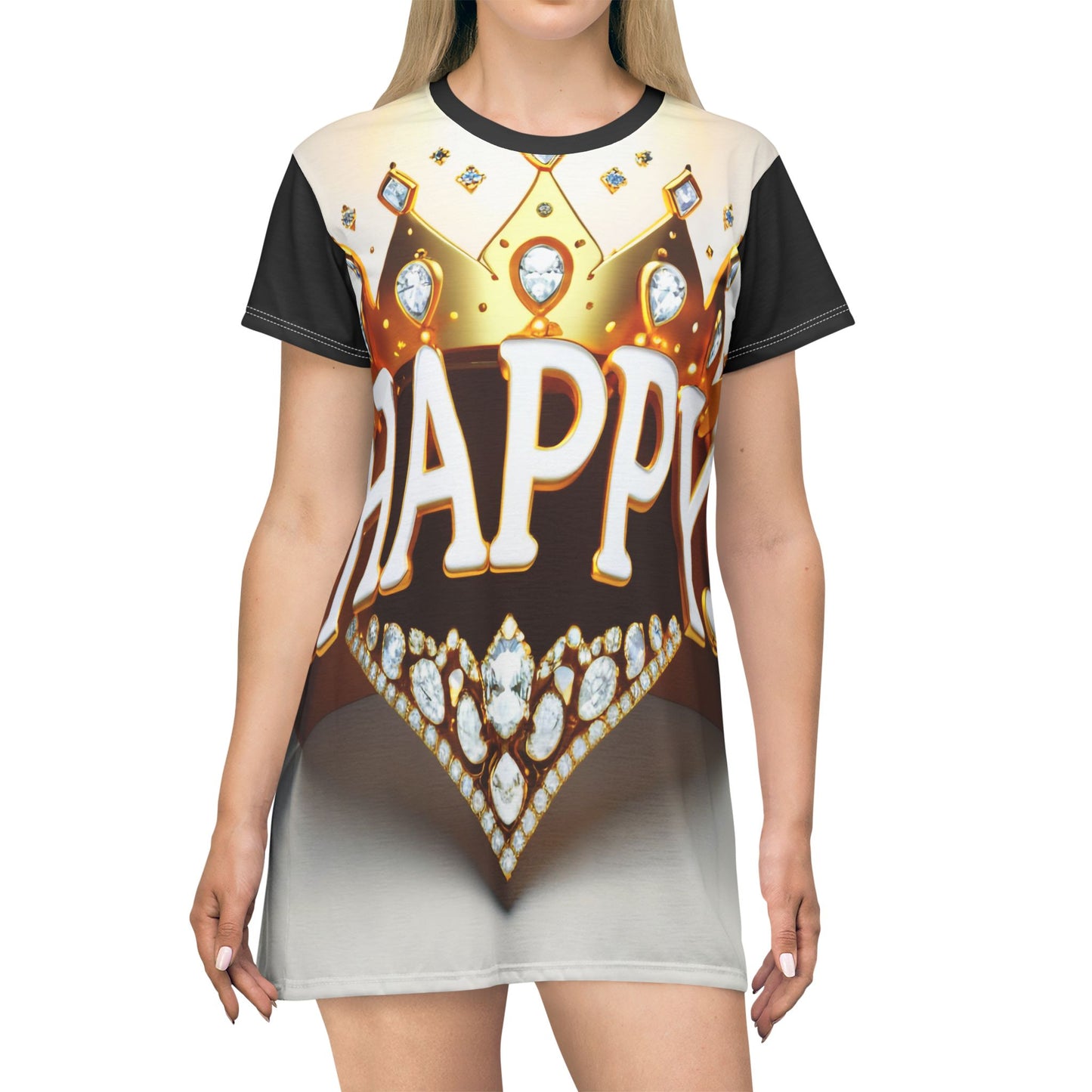 Happy Gold Holy T-Shirt Dress - Stylish and Comfortable Women's Apparel - T-Shirt Dress (AOP)