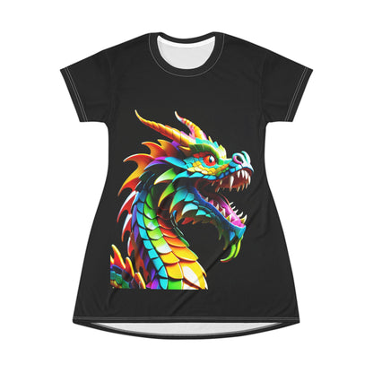 Dragon T-Shirt Dress, Psychedelic Colorful Graphic Tee Dress Fun Festival Wear Dress Summer Beach Coverup Unique Print Casual