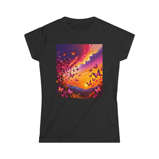 Butterfly Sunrise Women's Tee, Nature Lover Shirt, Softstyle Tshirt, Beautiful Butterflies Top, Sun Ray Graphic Tee,