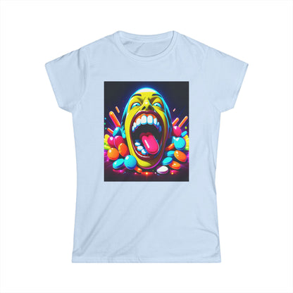 T-Shirt: Psychedelic Multicoloured Teeth Face Pills Design Women's Softstyle Tee