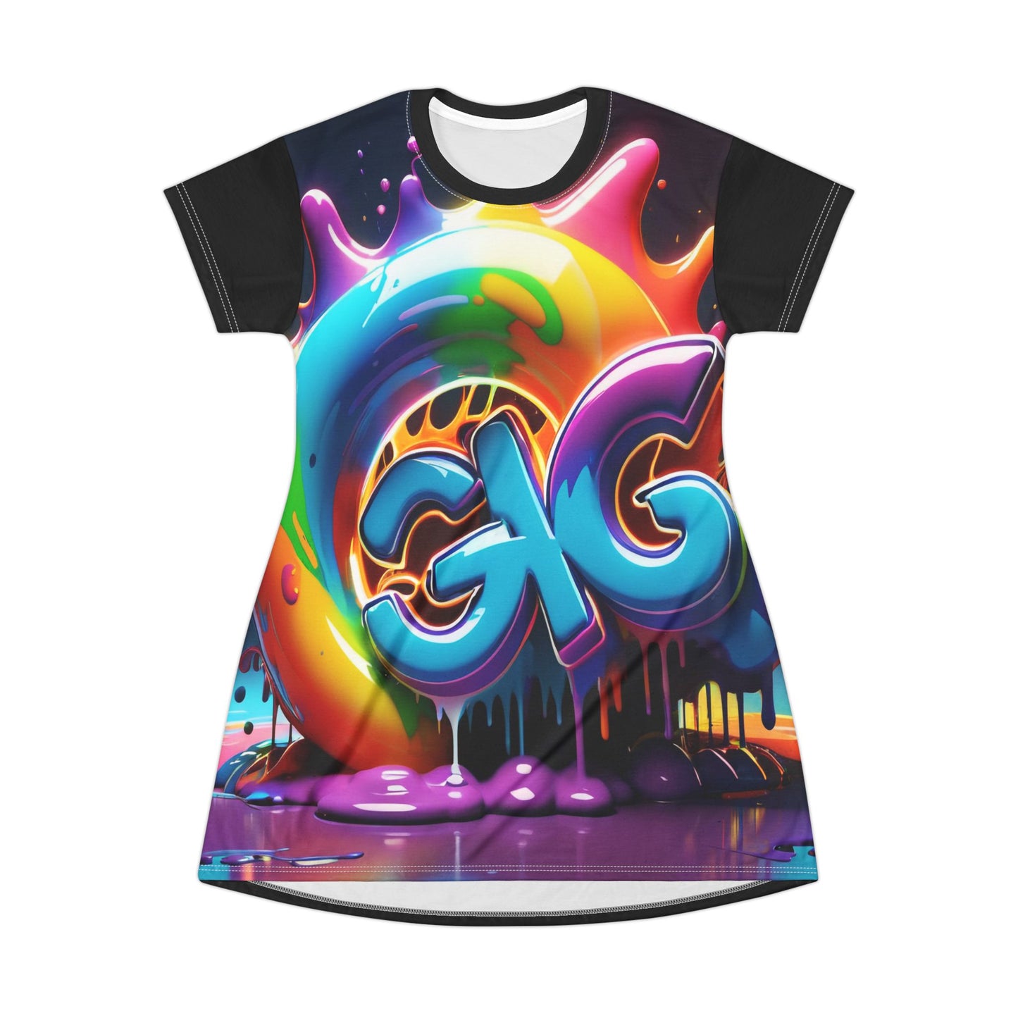 Colorful GiG Text T-Shirt Dress, Graphic Tee Dress, Fun Printed Dress, Vibrant Design Dress, Casual Graphic Tunic Dress