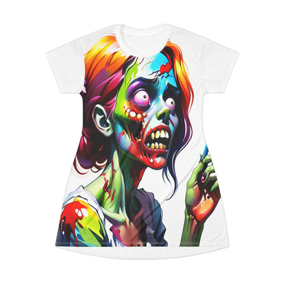 Zombie Art T-Shirt Dress, Colourful Woman Graphic Tee, Halloween Costume, Horror Clothing, Unique Halloween Gift