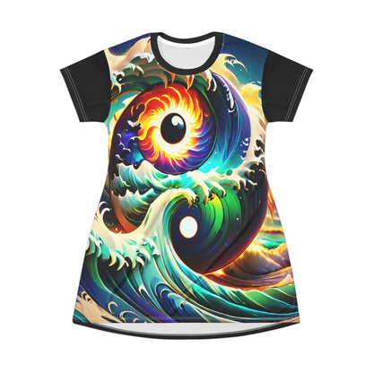 Whirlpool T-Shirt Dress, Eye Coil Design, Graphic Tee Dress, Casual Summer Dress, Women's Fashion Outfit