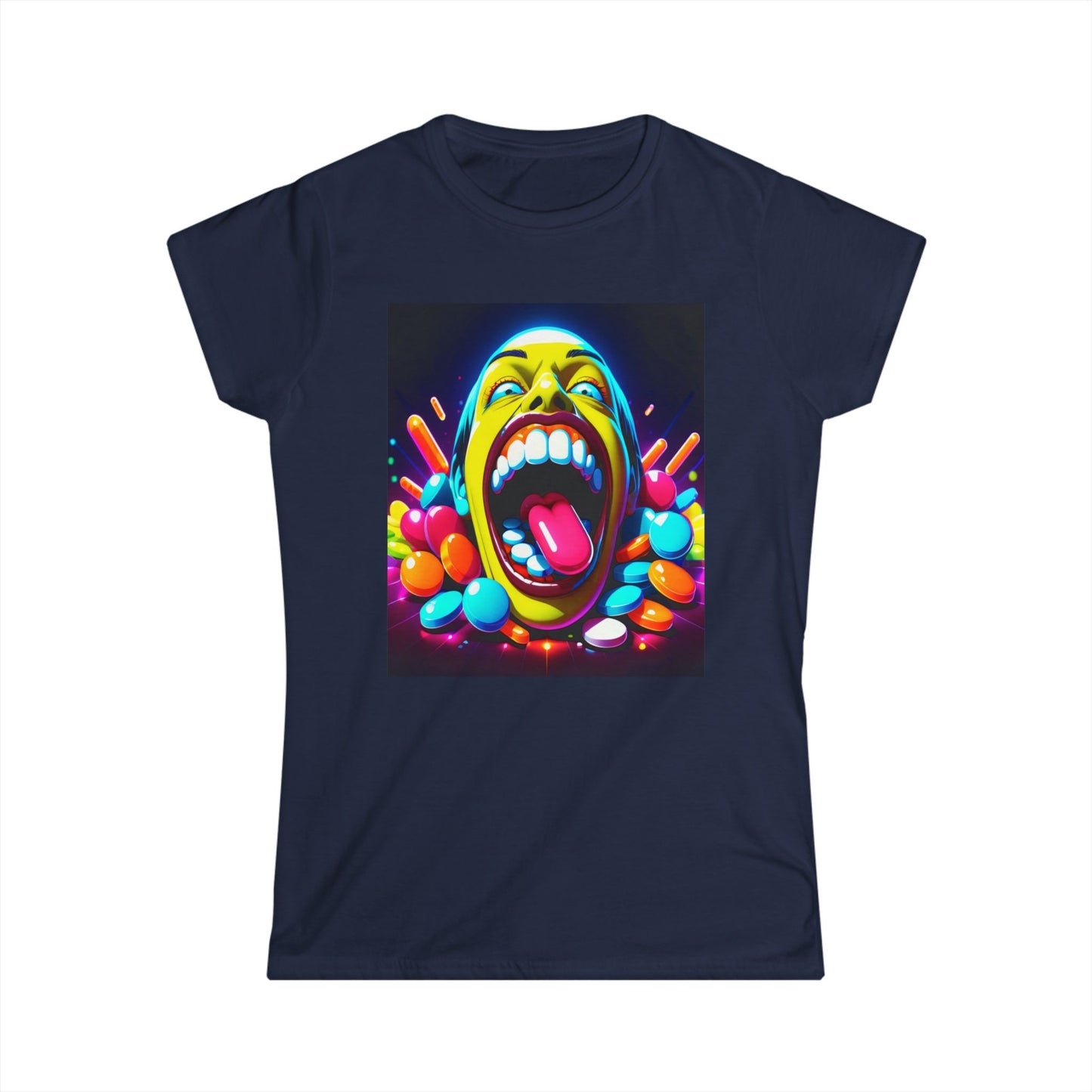 T-Shirt: Psychedelic Multicoloured Teeth Face Pills Design Women's Softstyle Tee