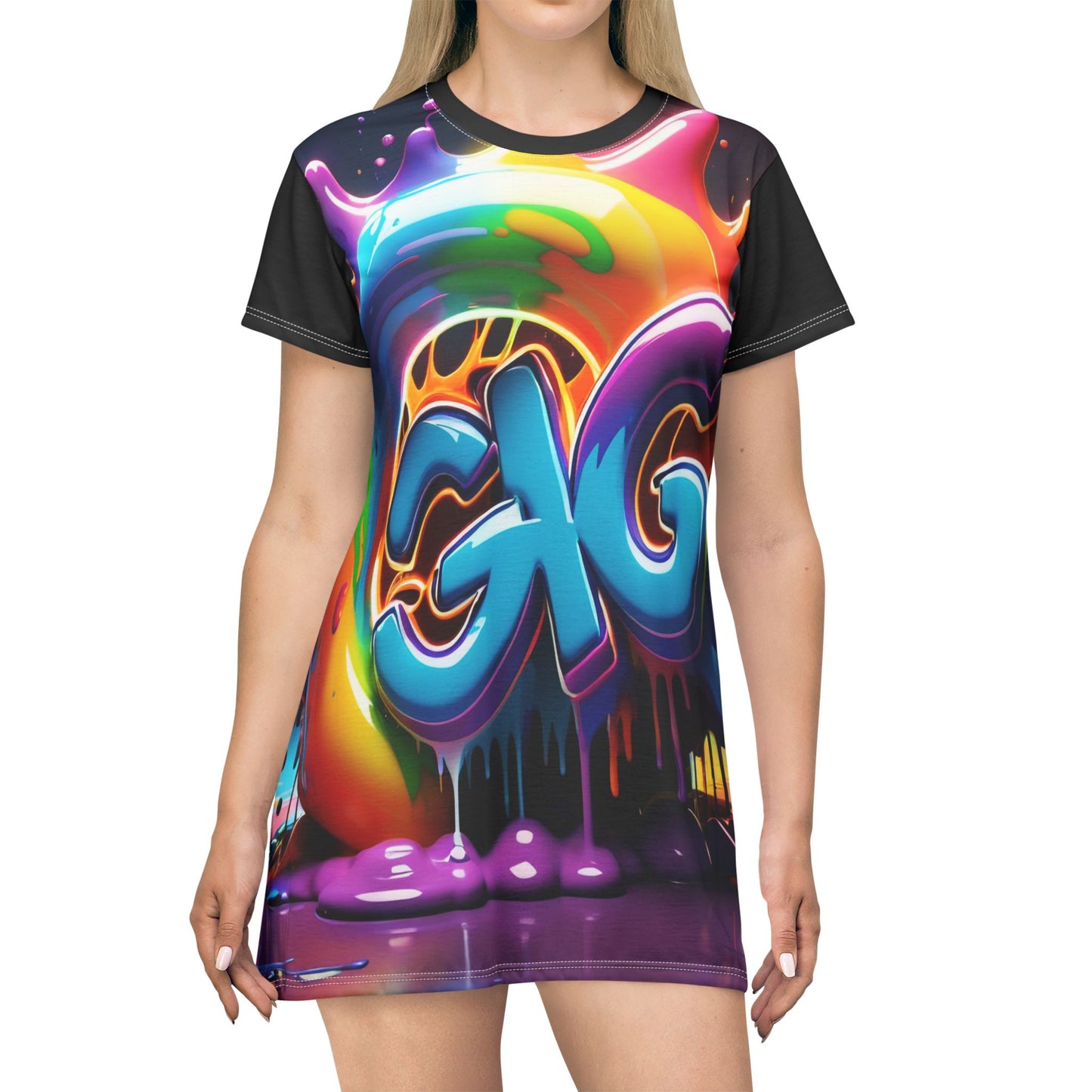 Colorful GiG Text T-Shirt Dress, Graphic Tee Dress, Fun Printed Dress, Vibrant Design Dress, Casual Graphic Tunic Dress