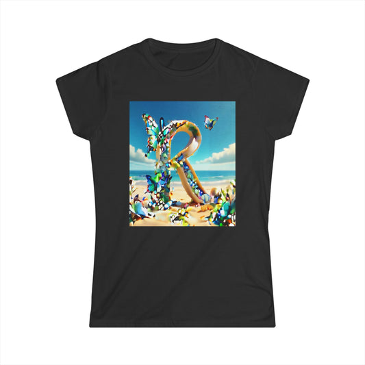 Women's Tee with Letter R on the Beach Blue with Butterflies Design