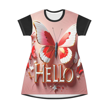 Butterfly Hello T-Shirt Dress - Red Pink Design