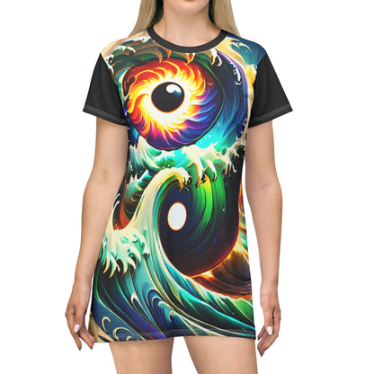 Whirlpool T-Shirt Dress, Eye Coil Design, Graphic Tee Dress, Casual Summer Dress, Women's Fashion Outfit