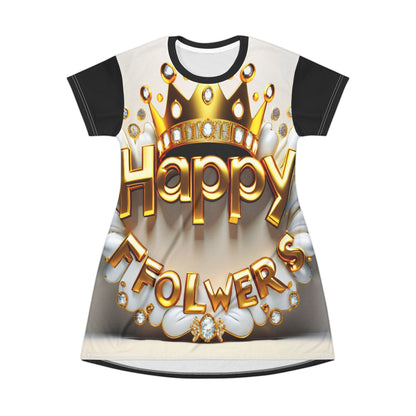 Feel Happy and Look Stunning in Our Gold Holy Balloon Flowers T-Shirt Dress - Perfect for Any Occasion - T-Shirt Dress (AOP)