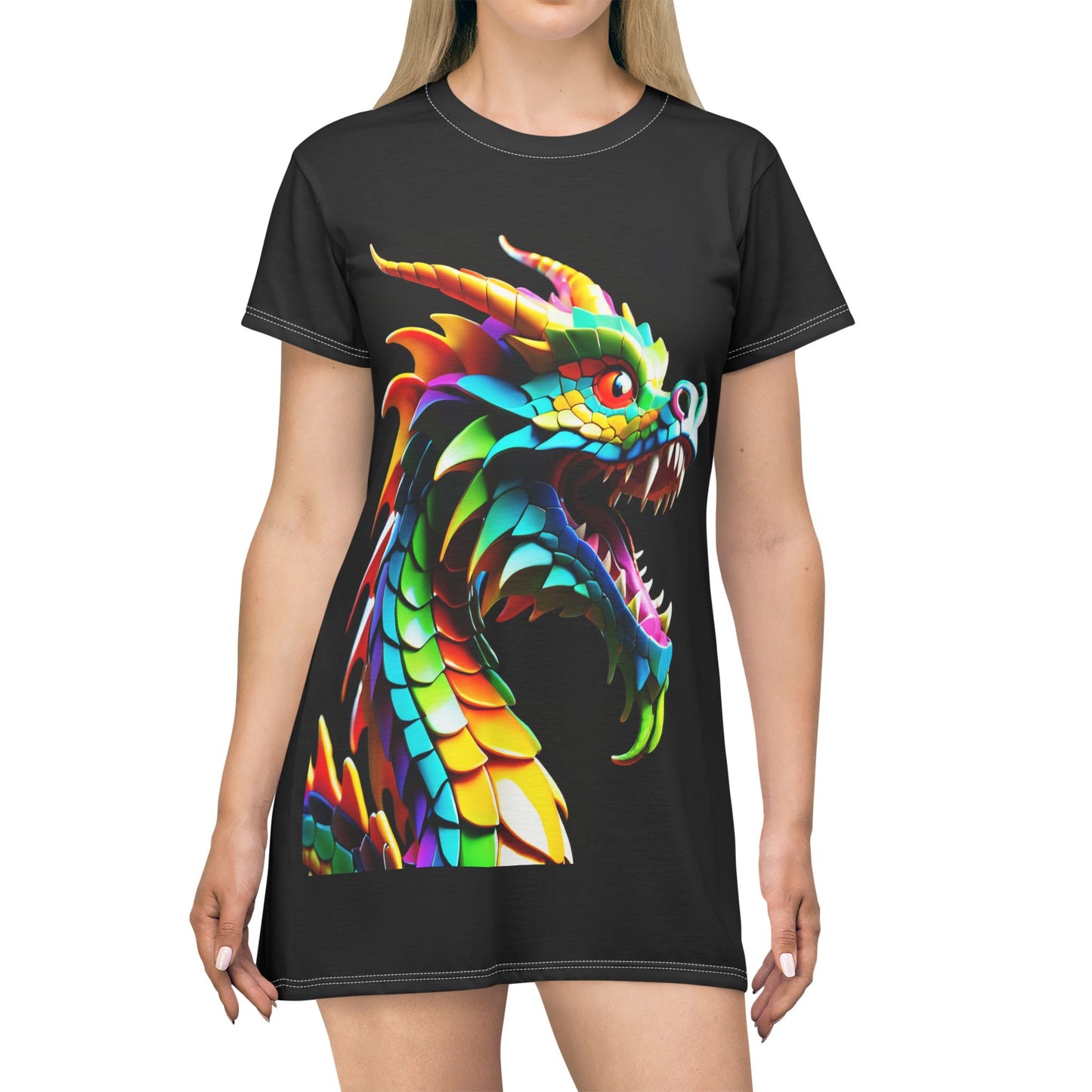 Dragon T-Shirt Dress, Psychedelic Colorful Graphic Tee Dress Fun Festival Wear Dress Summer Beach Coverup Unique Print Casual