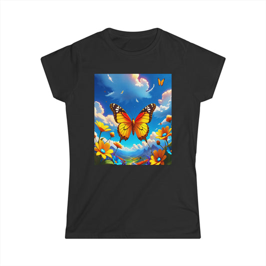 Butterfly Women's Tee, Sunset Yellow Shirt, Softstyle T-shirt, Nature Lover Gift, Boho Style Top, Butterfly Graphic Tee