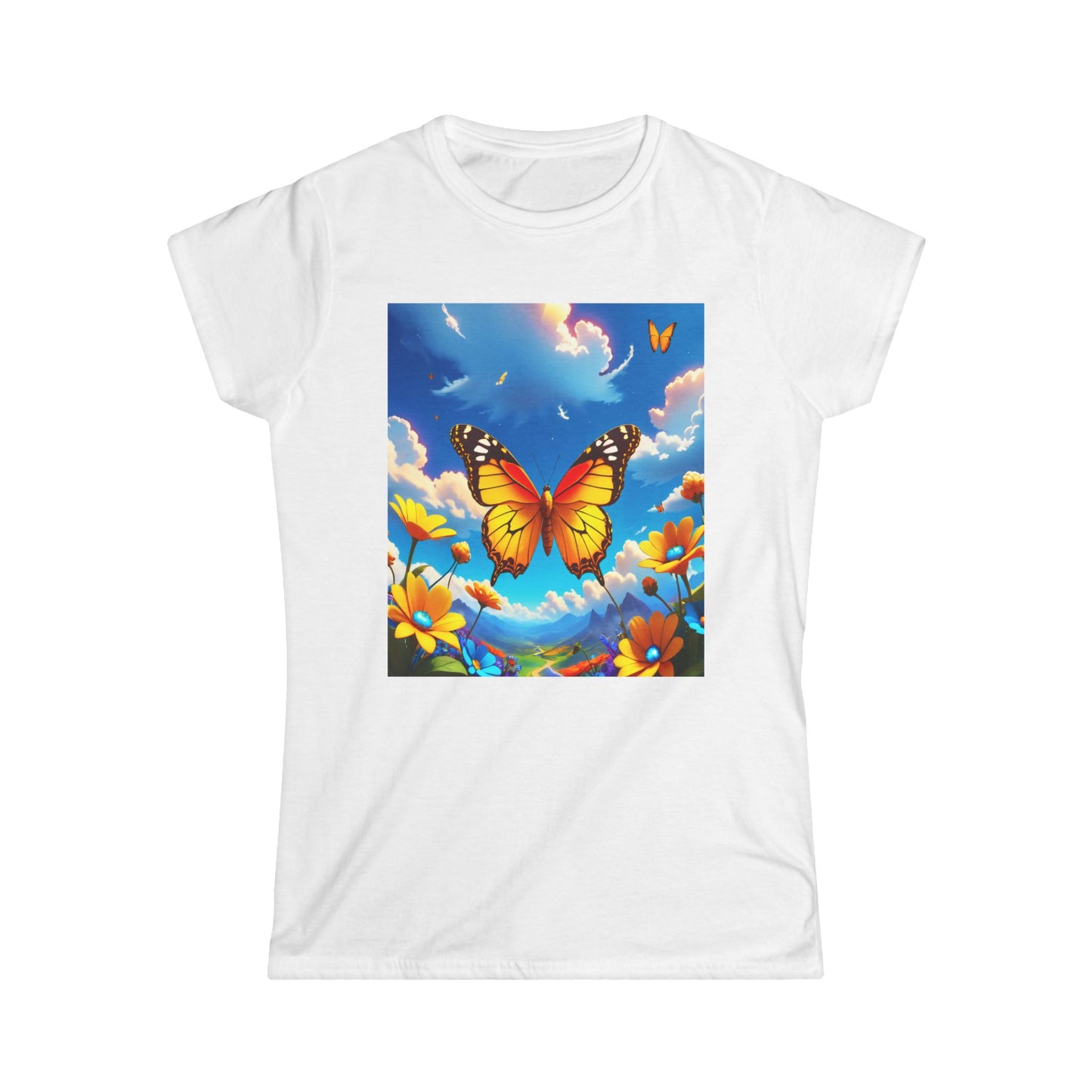 Butterfly Women's Tee, Sunset Yellow Shirt, Softstyle T-shirt, Nature Lover Gift, Boho Style Top, Butterfly Graphic Tee