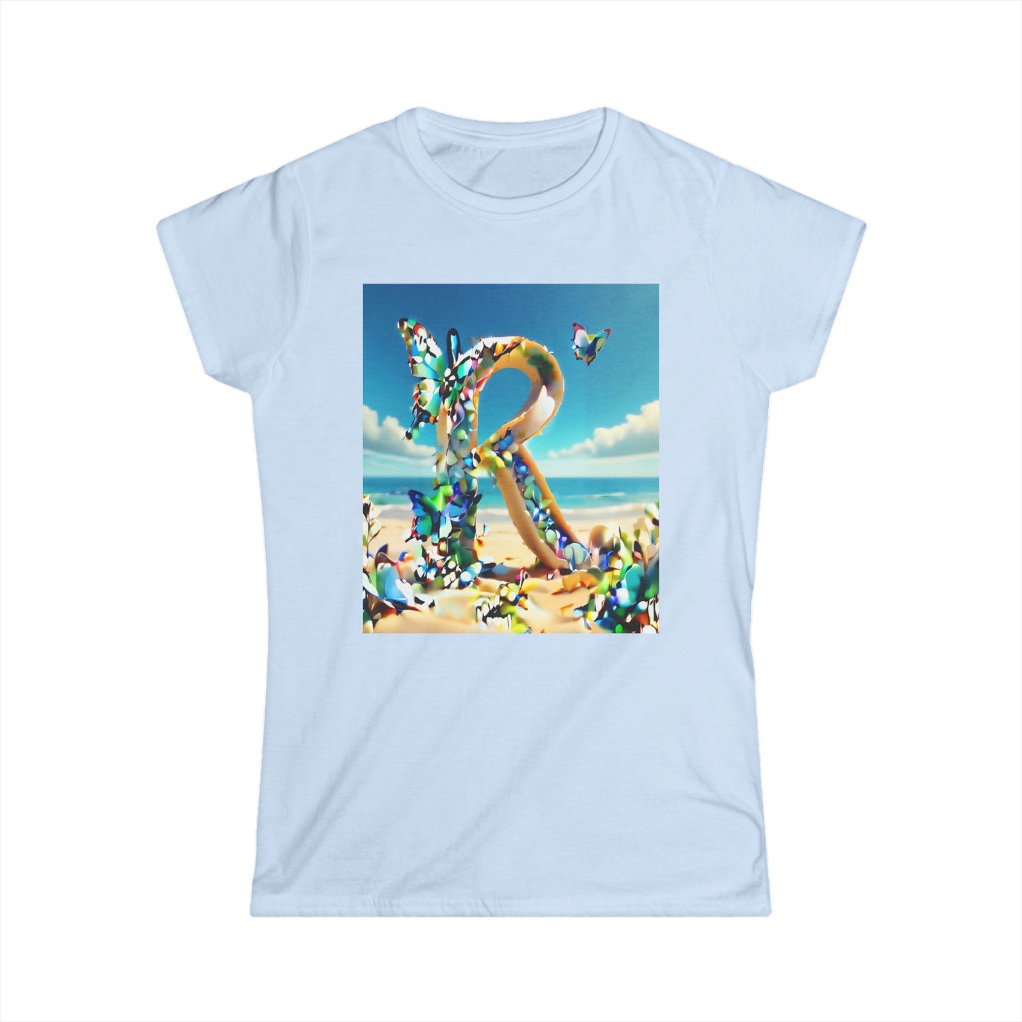 Women's Tee with Letter R on the Beach Blue with Butterflies Design