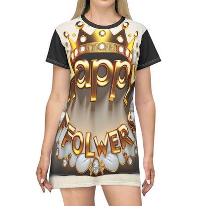 Feel Happy and Look Stunning in Our Gold Holy Balloon Flowers T-Shirt Dress - Perfect for Any Occasion - T-Shirt Dress (AOP)