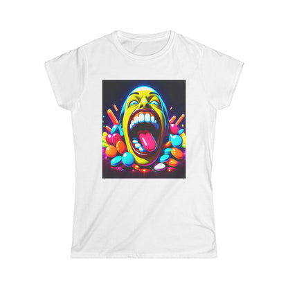 T-Shirt: Psychedelic Multicoloured Teeth Face Pills Design Women's Softstyle Tee