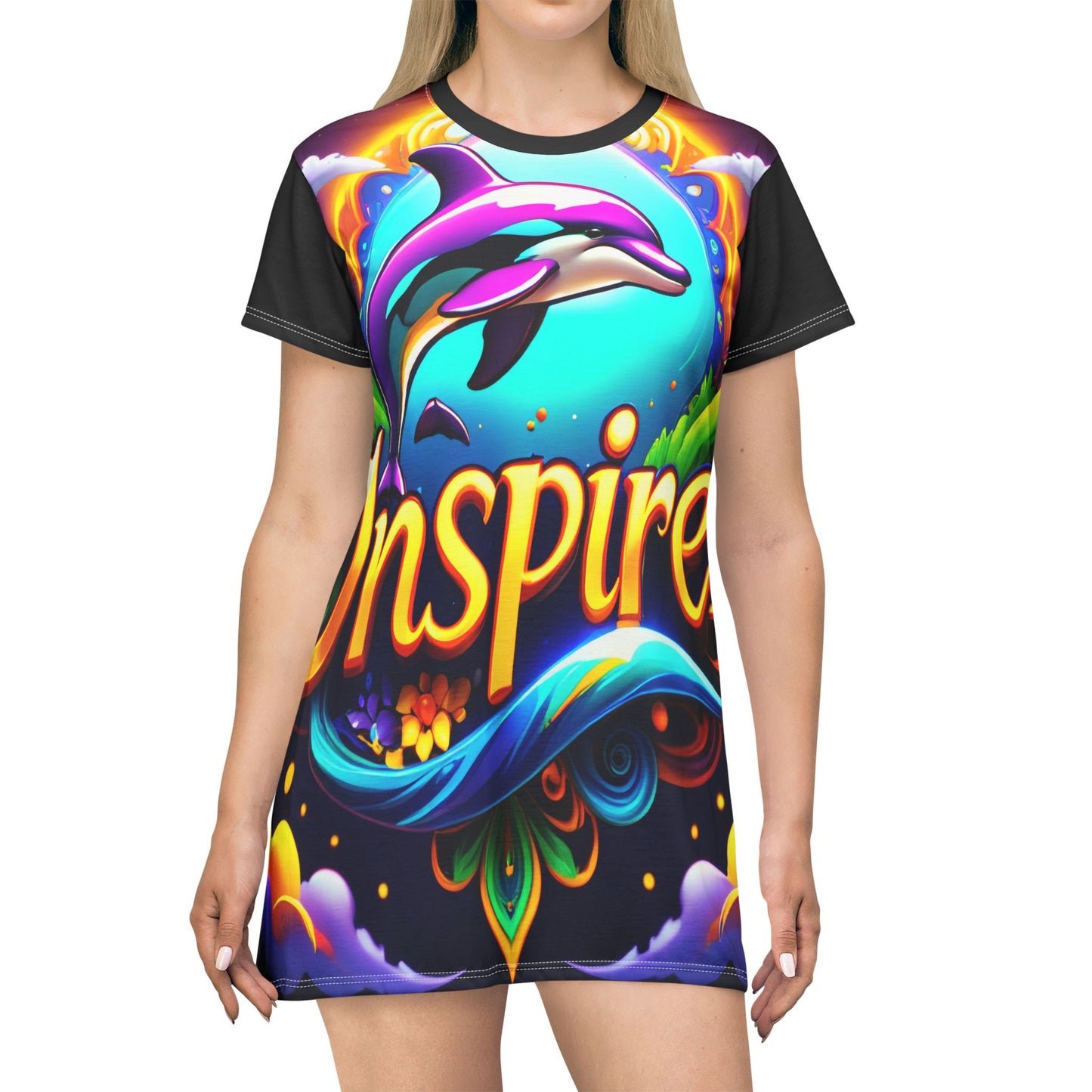 Dive into inspired style with this Dolphin T-Shirt Dress!